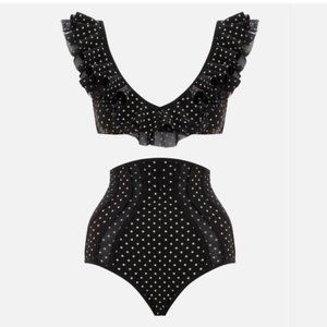 ZIMMERMANN PAINTED HEART CASCADE RUFFLE POLKA DOT HIGH WAISTED BIKINI SWIMSUIT